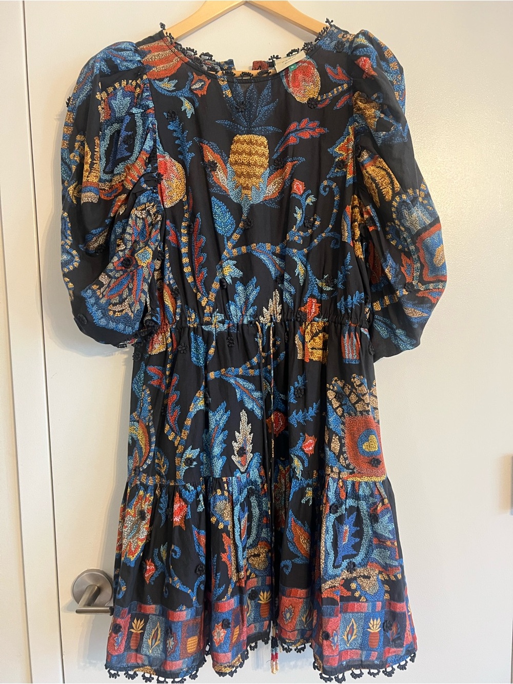 Farm Rio Black Latina Scarf Tapestry Embroidered Puff Sleeve Mini Dress Size M
